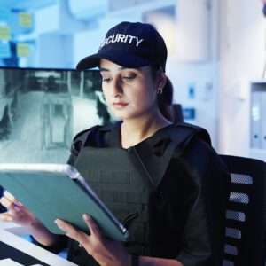 Guard reviewing security footage