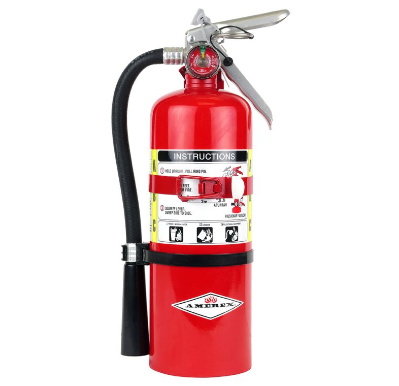 Red portable fire extinguisher with hose