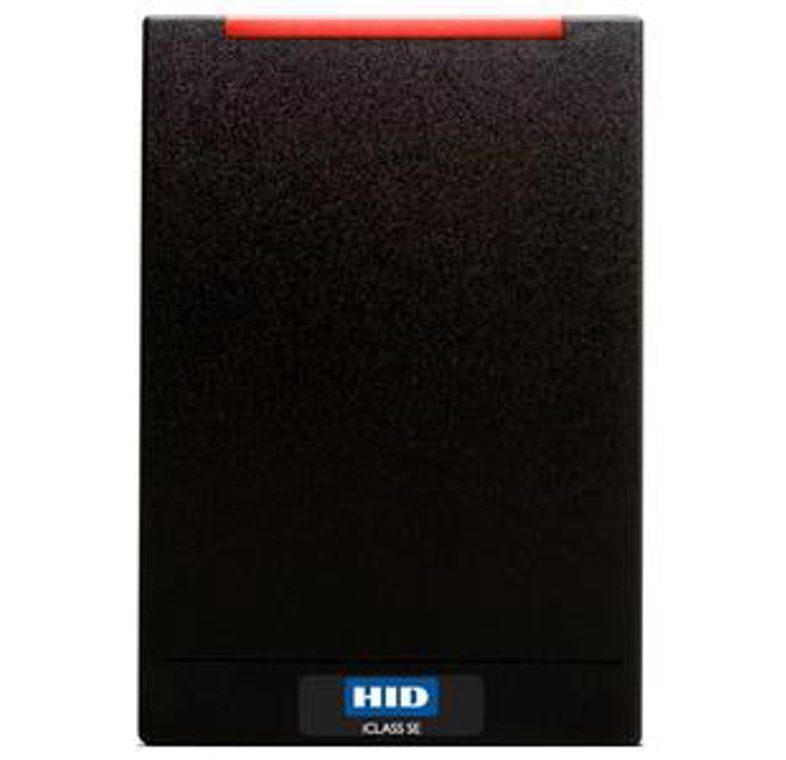 Black HID card reader with a blue logo and red indicator light.