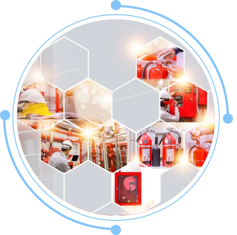Industrial fire extinguishers and safety inspection collage