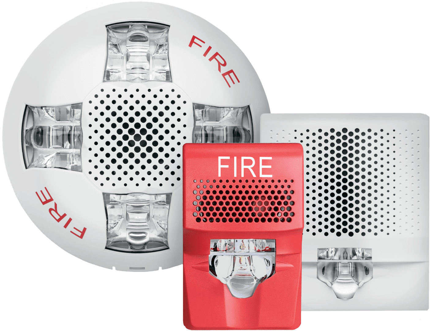 Three fire alarm strobes and speakers