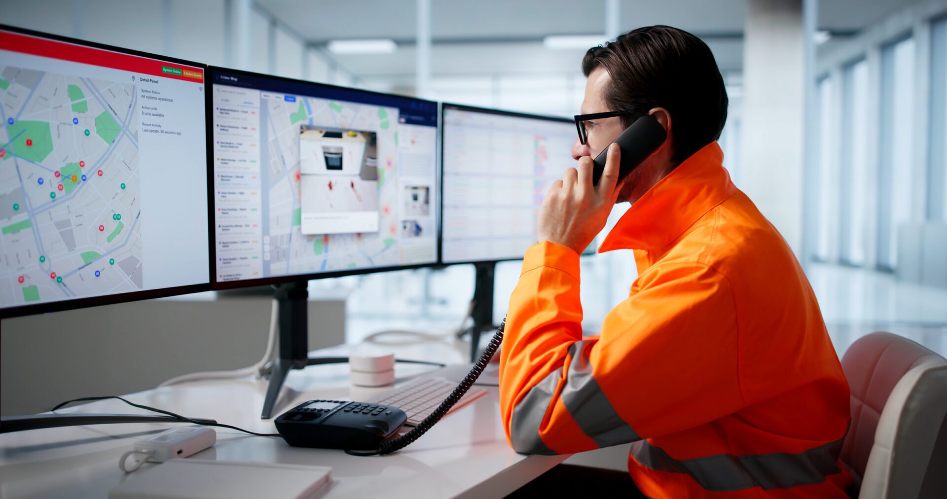Dispatcher on phone monitoring multiple map screens