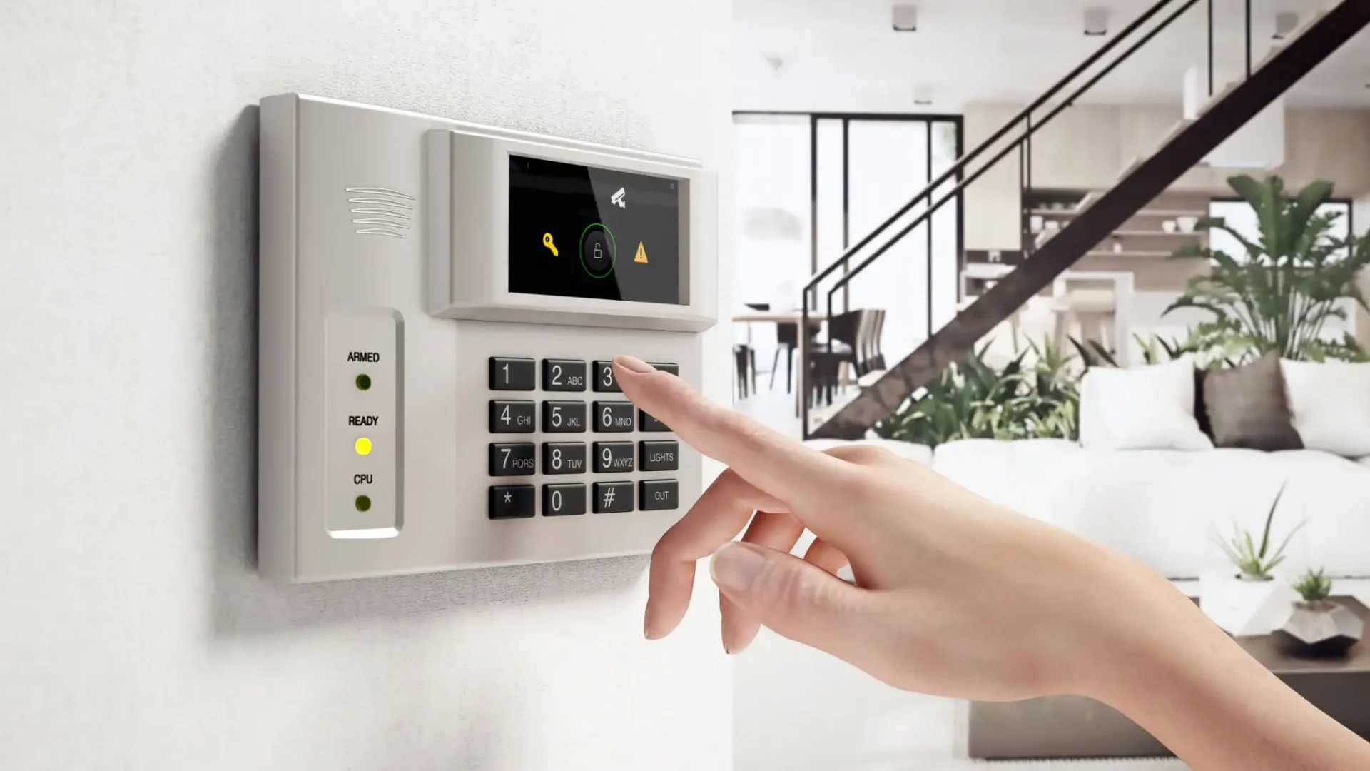 Hand pressing home security keypad