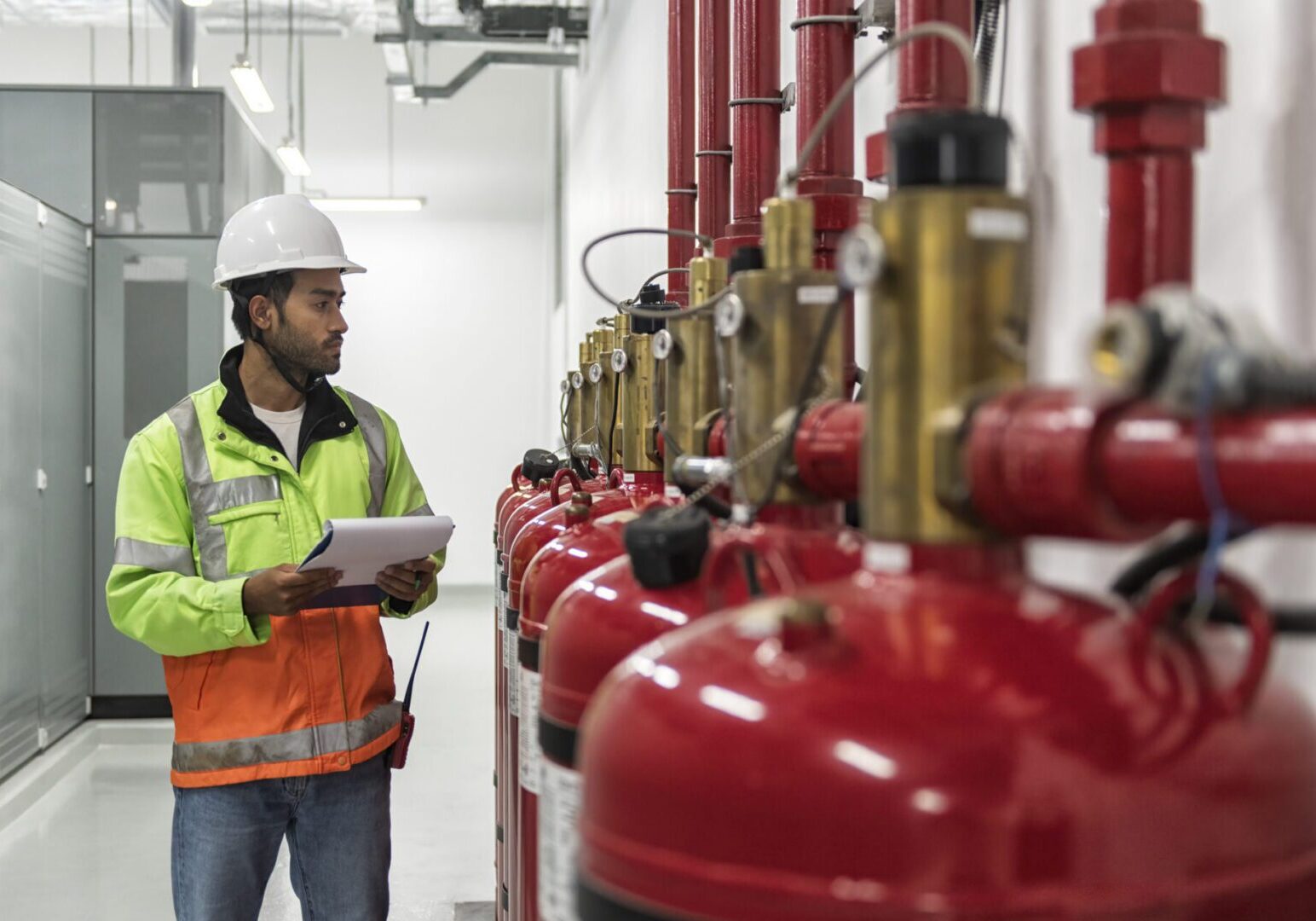Technician inspecting red fire suppression cylinders